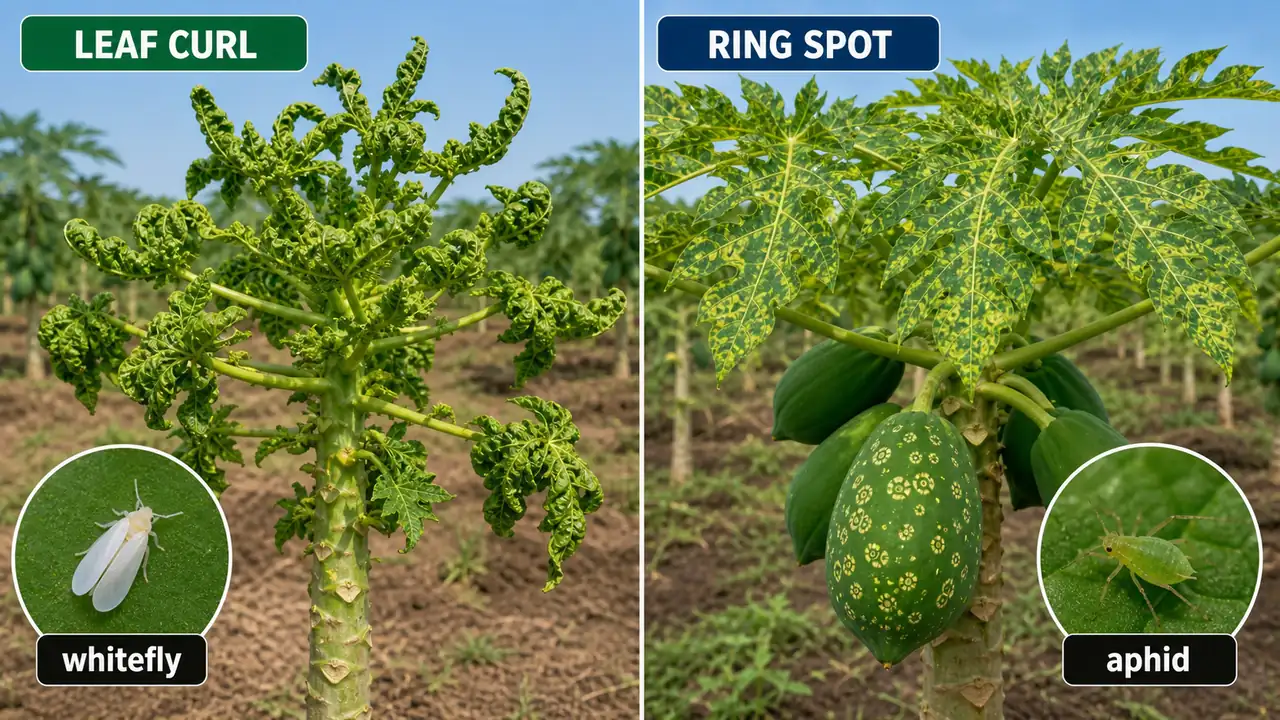 Papaya leaf curl and papaya ring spot comparison with whitefly and aphid vectors