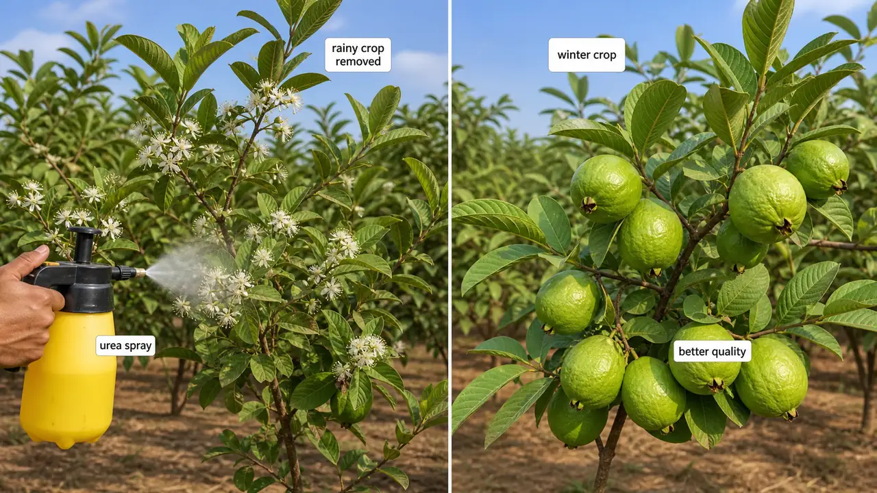 Guava crop regulation showing rainy season flowering removed with urea spray to improve winter crop quality