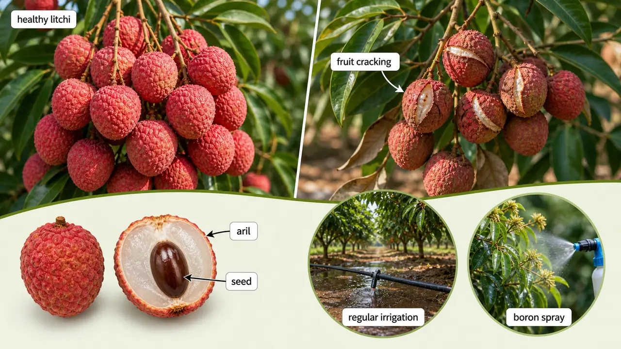 Litchi teaching image showing edible aril, seed, cracked fruits, irrigation, and boron spray management