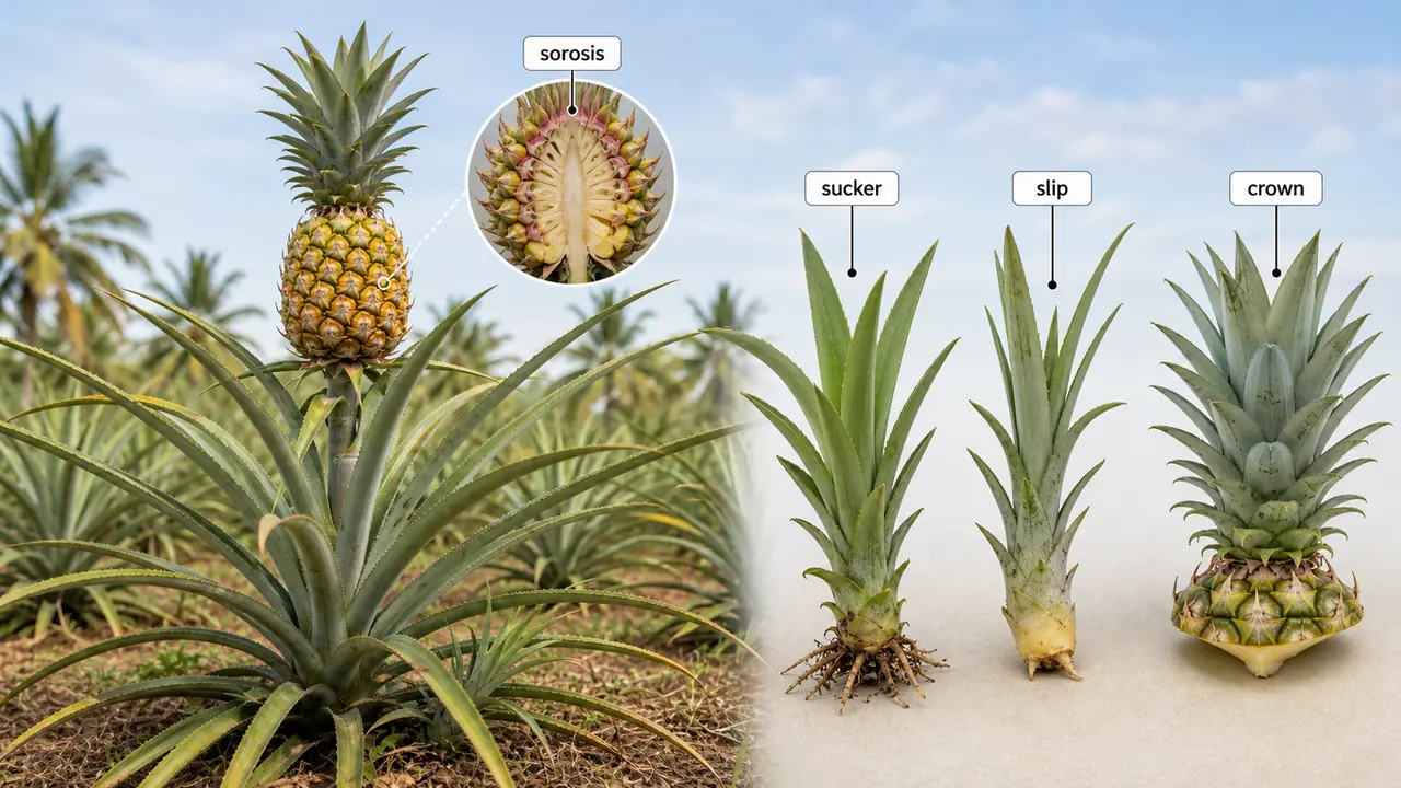 Pineapple plant showing sorosis fruit and the sucker slip and crown propagation parts