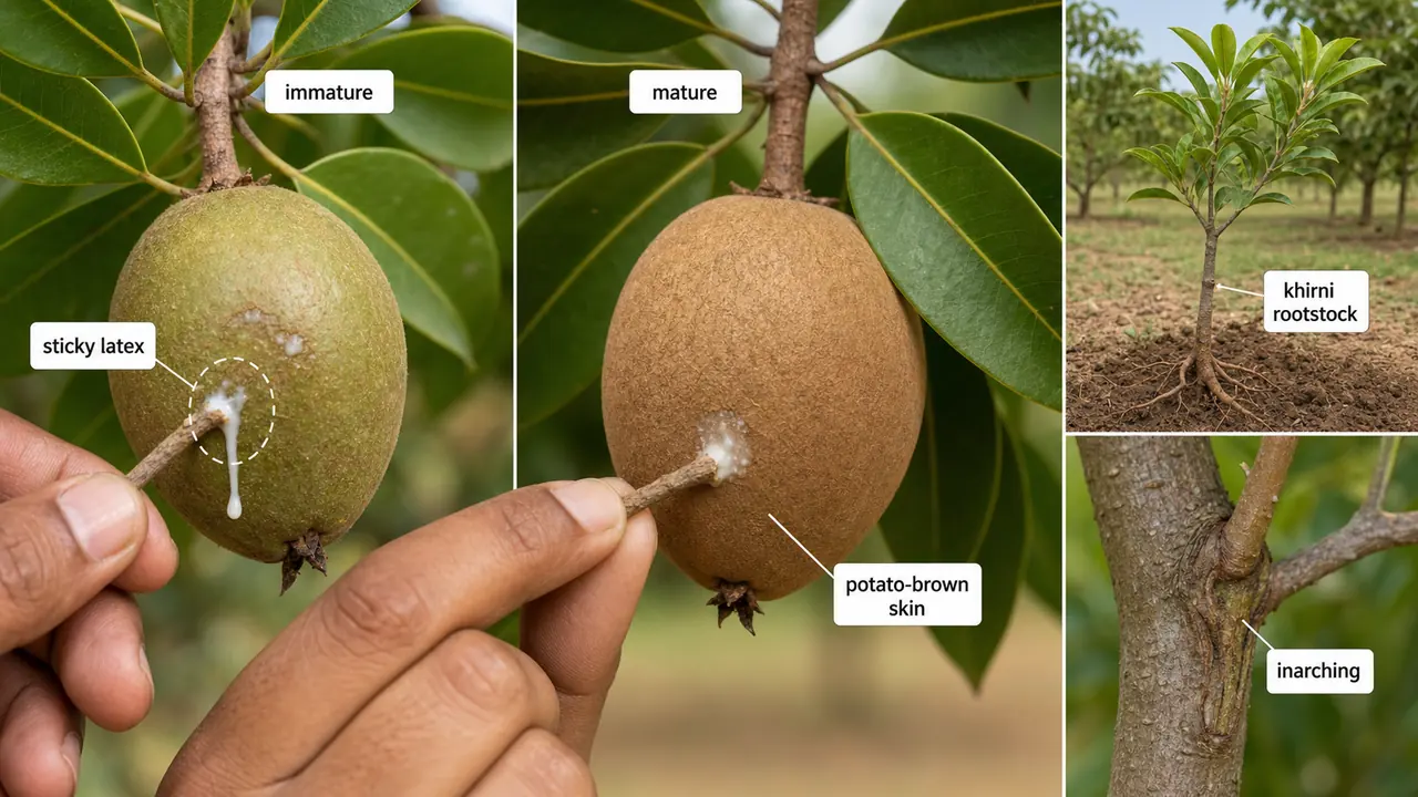 Sapota maturity comparison showing sticky latex in immature fruit and potato-brown skin in mature fruit with khirni rootstock and inarching