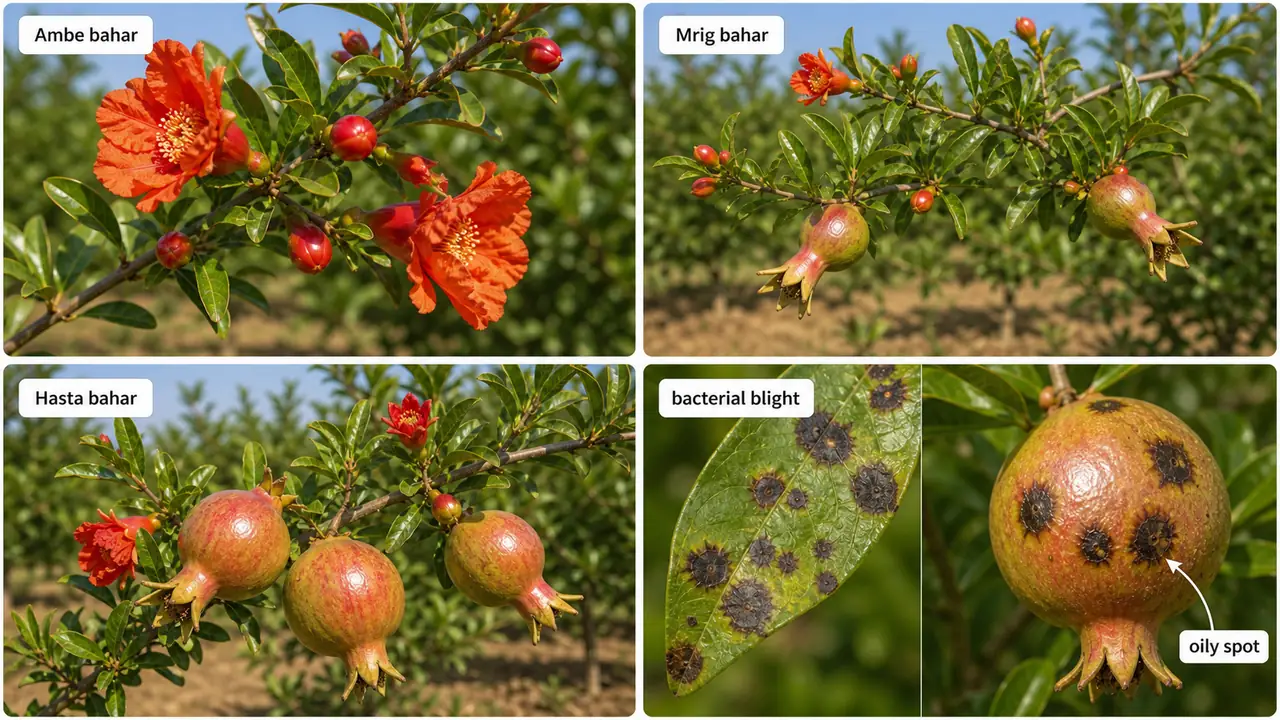 Pomegranate bahar seasons and bacterial blight image showing Ambe Mrig Hasta bahar with oily spot symptoms