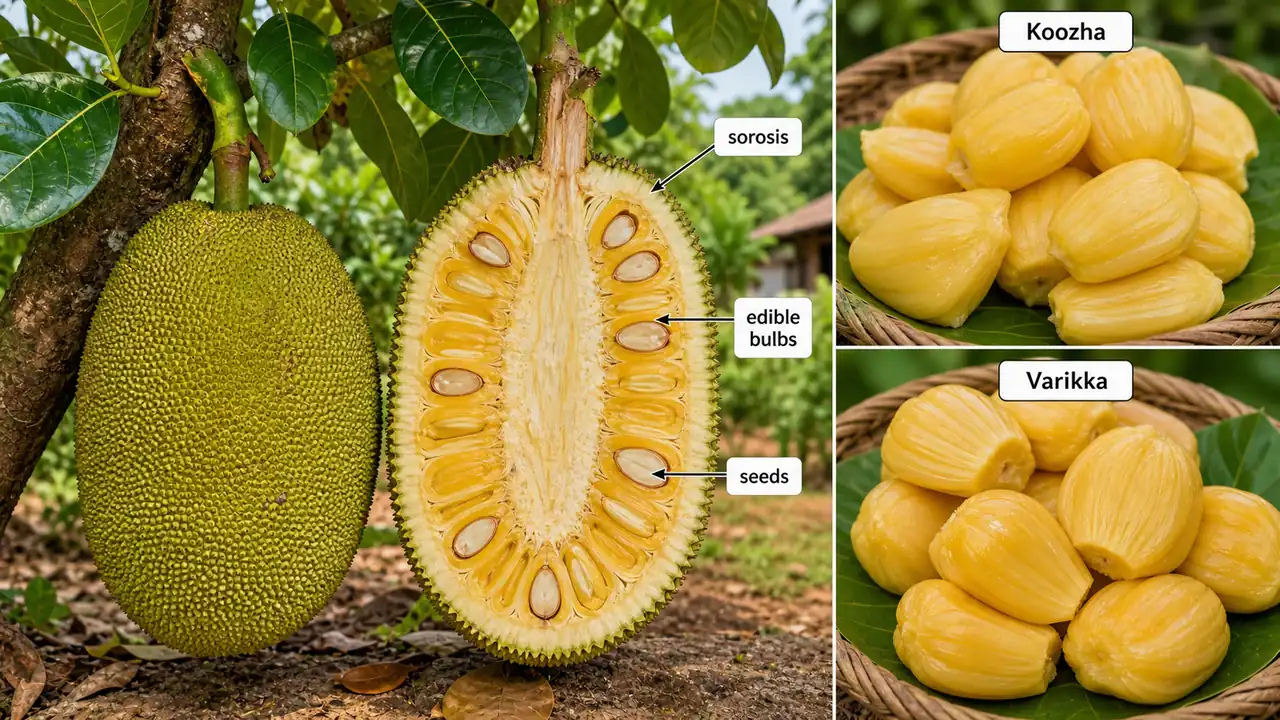 Jackfruit lesson image showing sorosis fruit with edible bulbs seeds and the Koozha and Varikka types