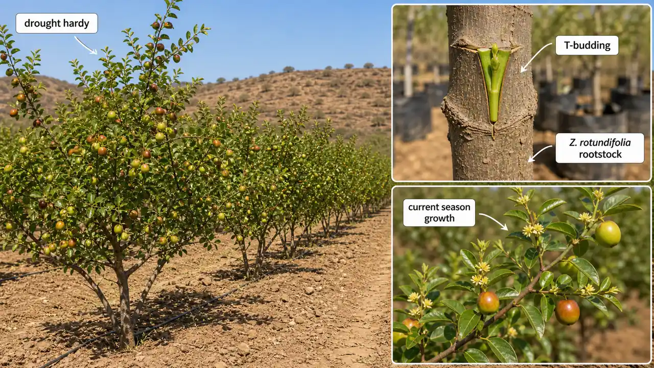 Ber orchard image showing drought hardy growth T-budding on Ziziphus rotundifolia rootstock and fruiting on current season growth