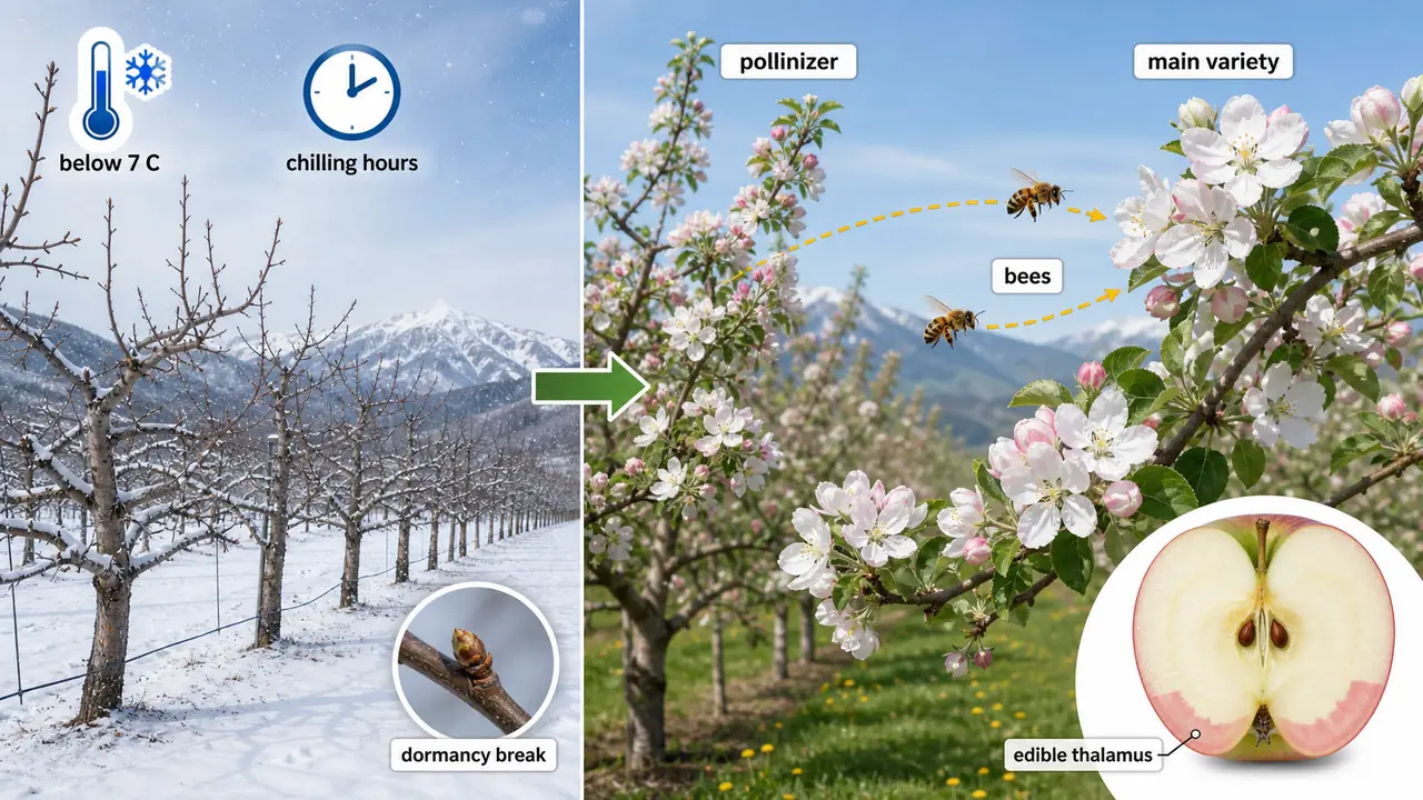Apple orchard diagram showing winter chilling below 7 degrees Celsius, cross-pollination by bees, and edible thalamus in pome fruit