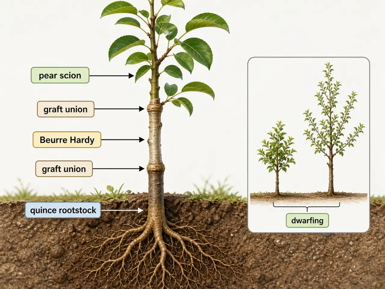Pear double working diagram showing quince rootstock, Beurre Hardy interstock, pear scion, and dwarfing effect