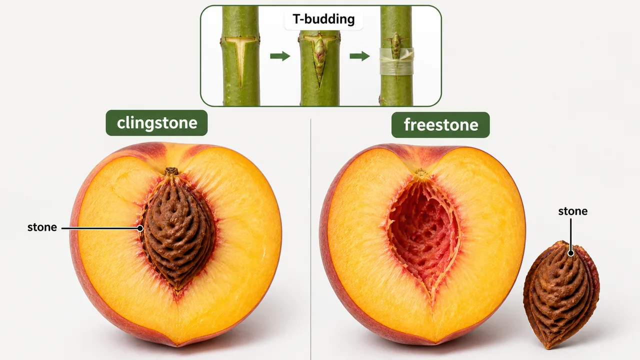 Peach comparison showing clingstone and freestone flesh separation with T-budding propagation inset