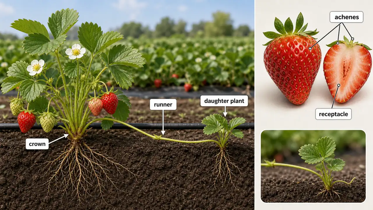 Strawberry plant diagram showing runner propagation, daughter plant, crown, outside achenes, and fleshy receptacle
