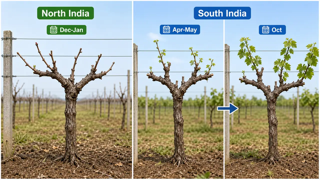 Regional grape pruning calendar comparing one winter pruning in North India with two pruning stages in South India