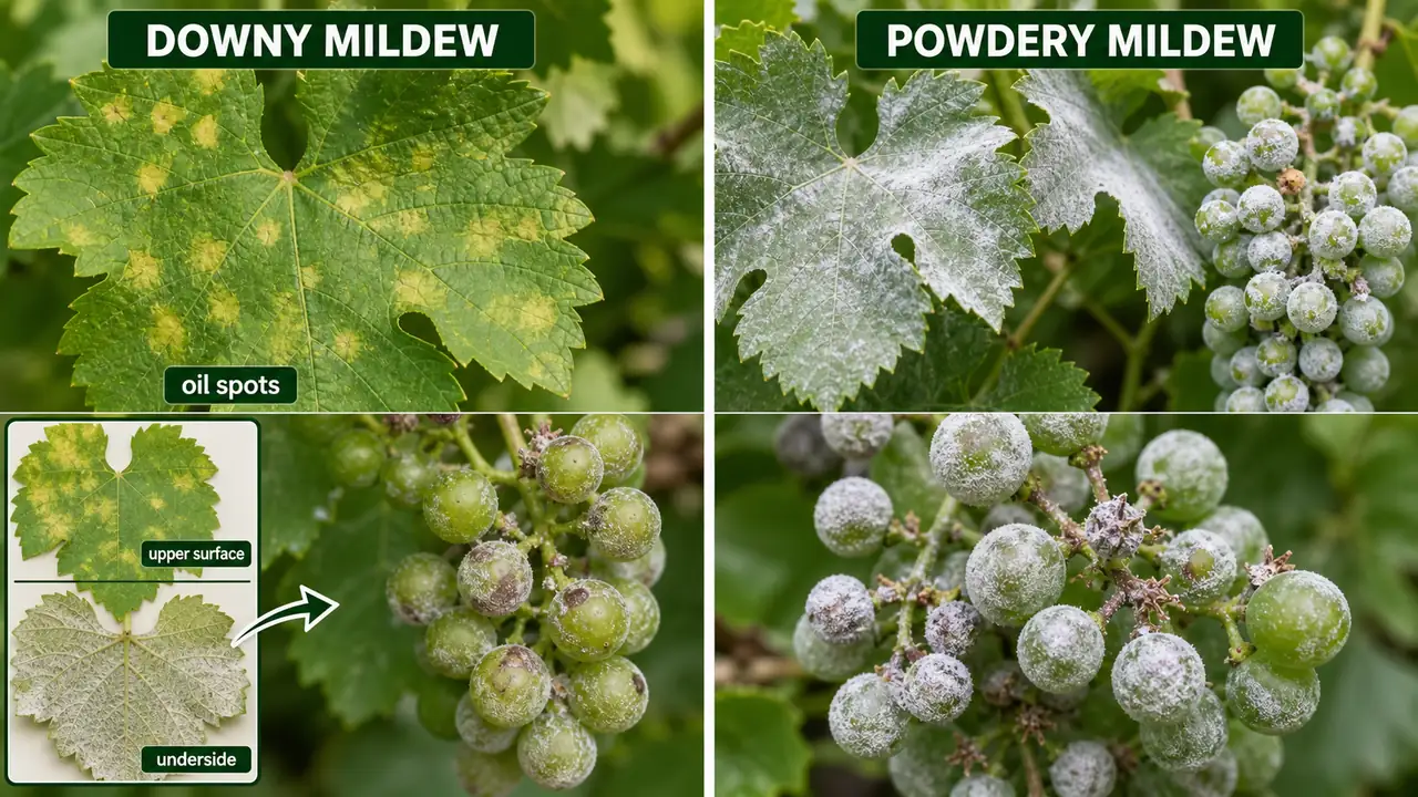 Comparison of grape berry disorders showing hen and chicken, pink berry, and calyx end rot symptoms