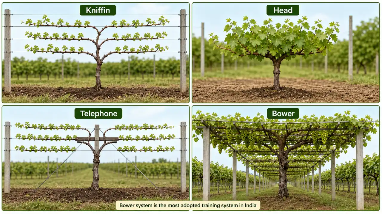 Grape disease comparison showing downy mildew oil spots and underside growth versus powdery mildew white coating on leaves and berries