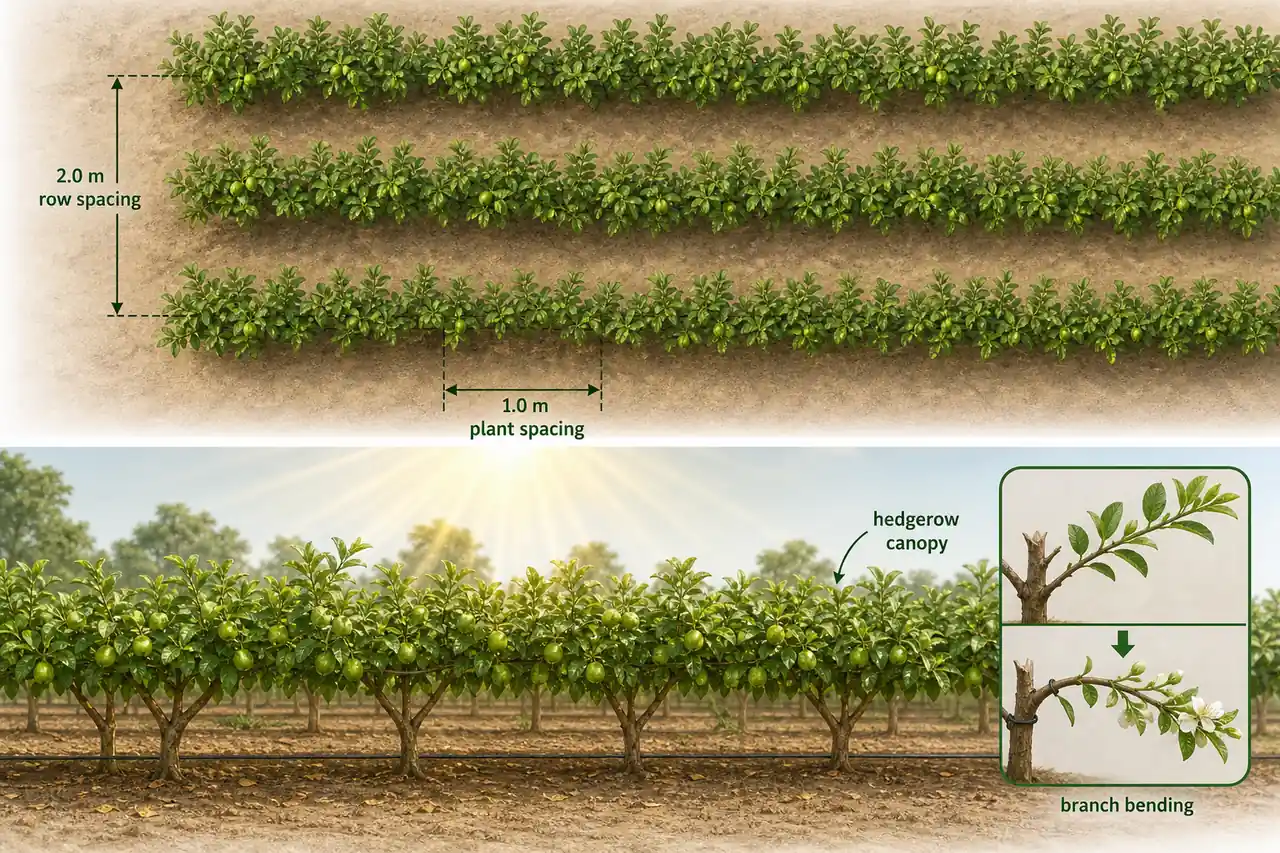 Guava meadow orchard layout showing 2.0 metre row spacing, 1.0 metre plant spacing, hedgerow canopy, and branch bending