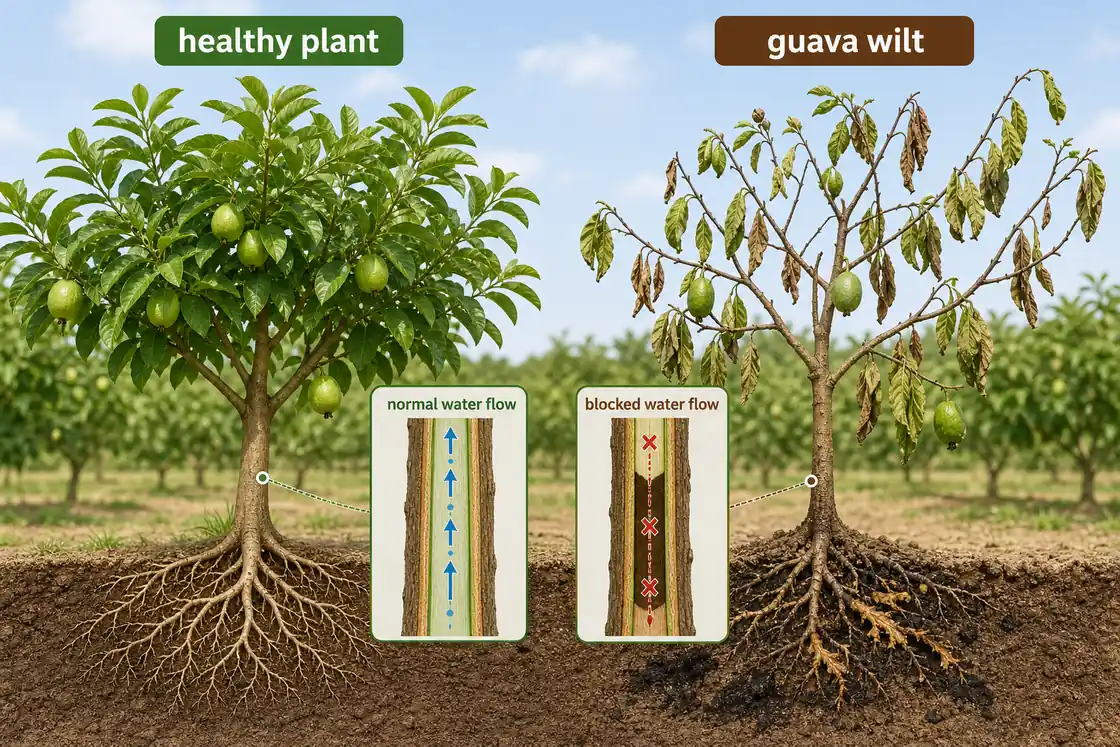 Healthy guava plant compared with guava wilt showing drooping canopy, damaged roots, and blocked water flow