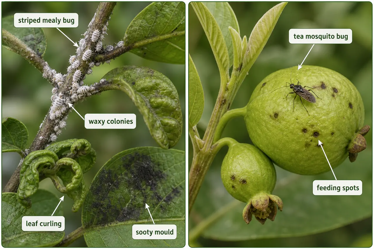 Comparison of striped mealy bug and guava tea mosquito bug with waxy colonies, leaf curling, sooty mould, and feeding spots on fruit