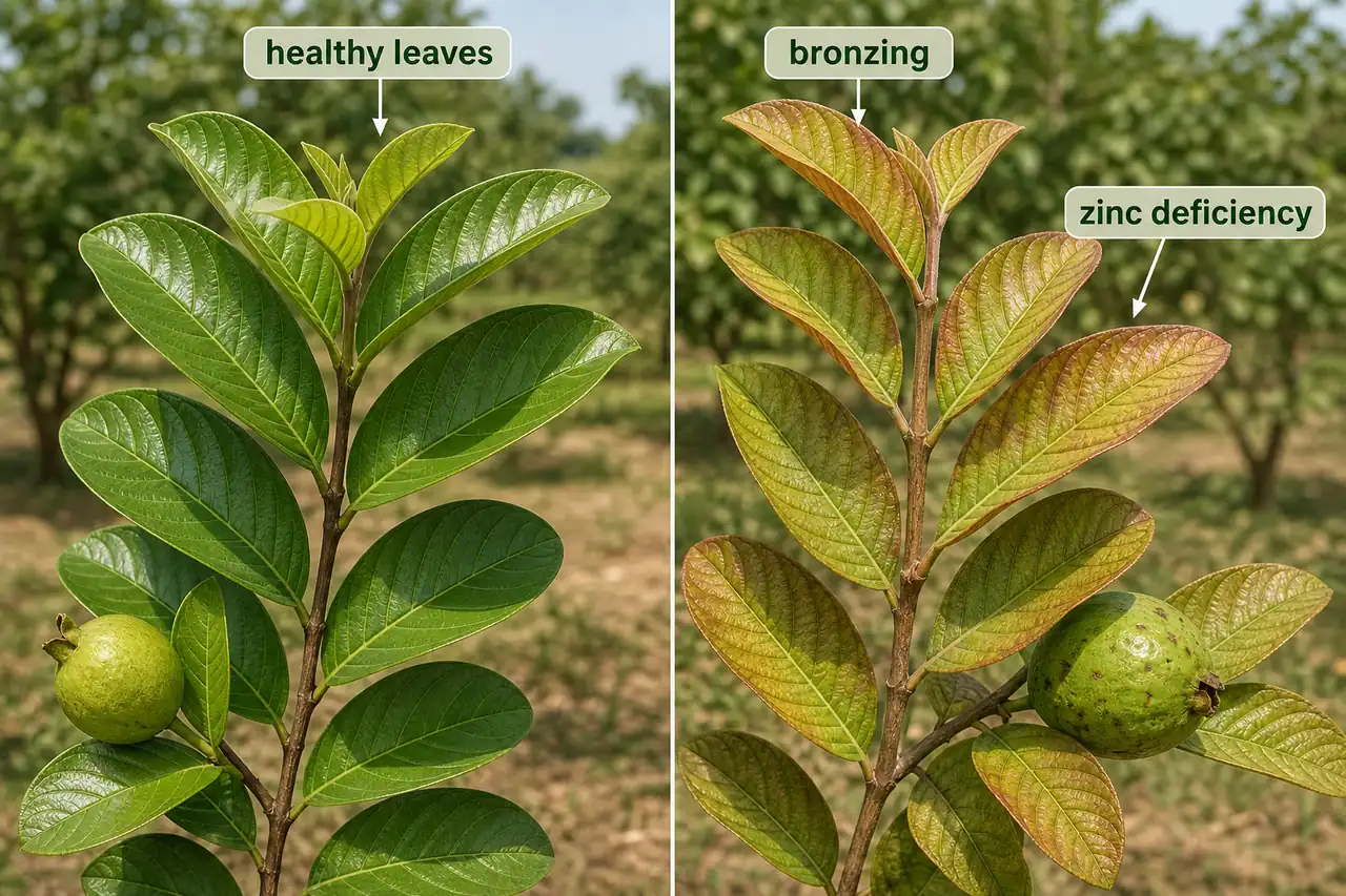 Healthy guava leaves compared with bronzing caused by zinc deficiency