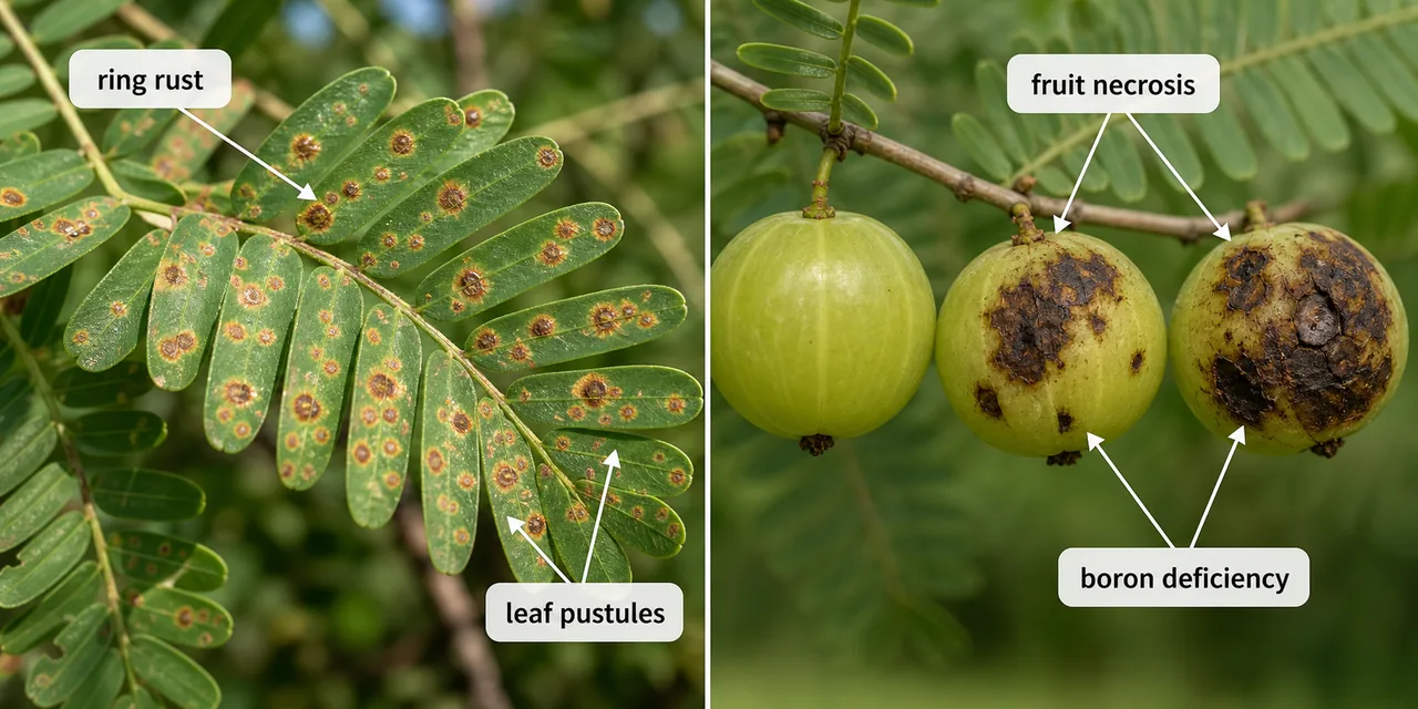 Aonla ring rust on leaves and fruit necrosis due to boron deficiency on fruits