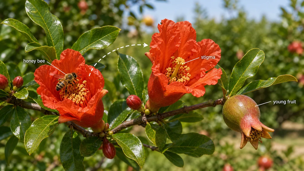 Pomegranate pollination showing honey bee visit, stigma, and young fruit set in pomology