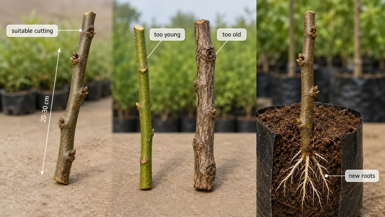 Pomegranate hardwood cutting propagation showing suitable cutting length, unsuitable wood age, and new roots