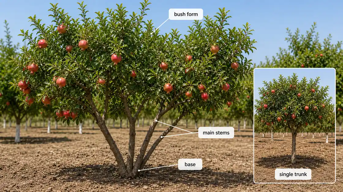 Multi-stem training system in pomegranate showing base, main stems, bush form, and single trunk comparison