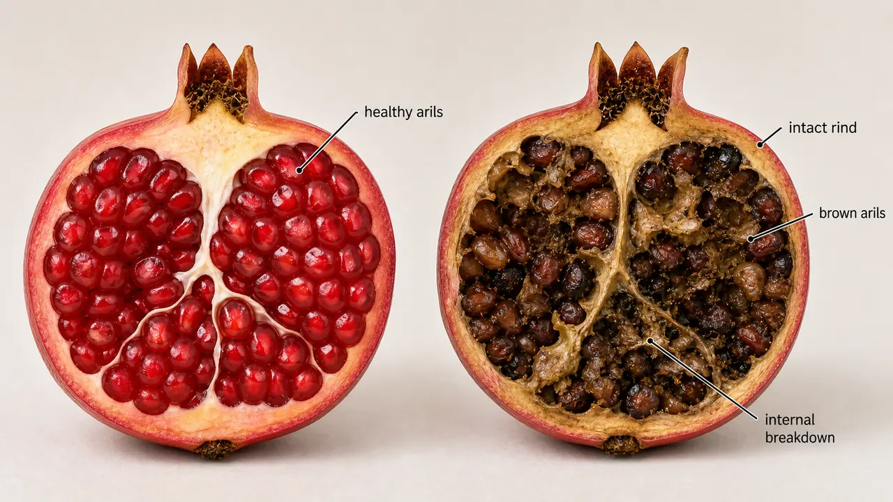Internal breakdown disorder in pomegranate showing healthy arils beside brown disintegrated arils inside an intact rind
