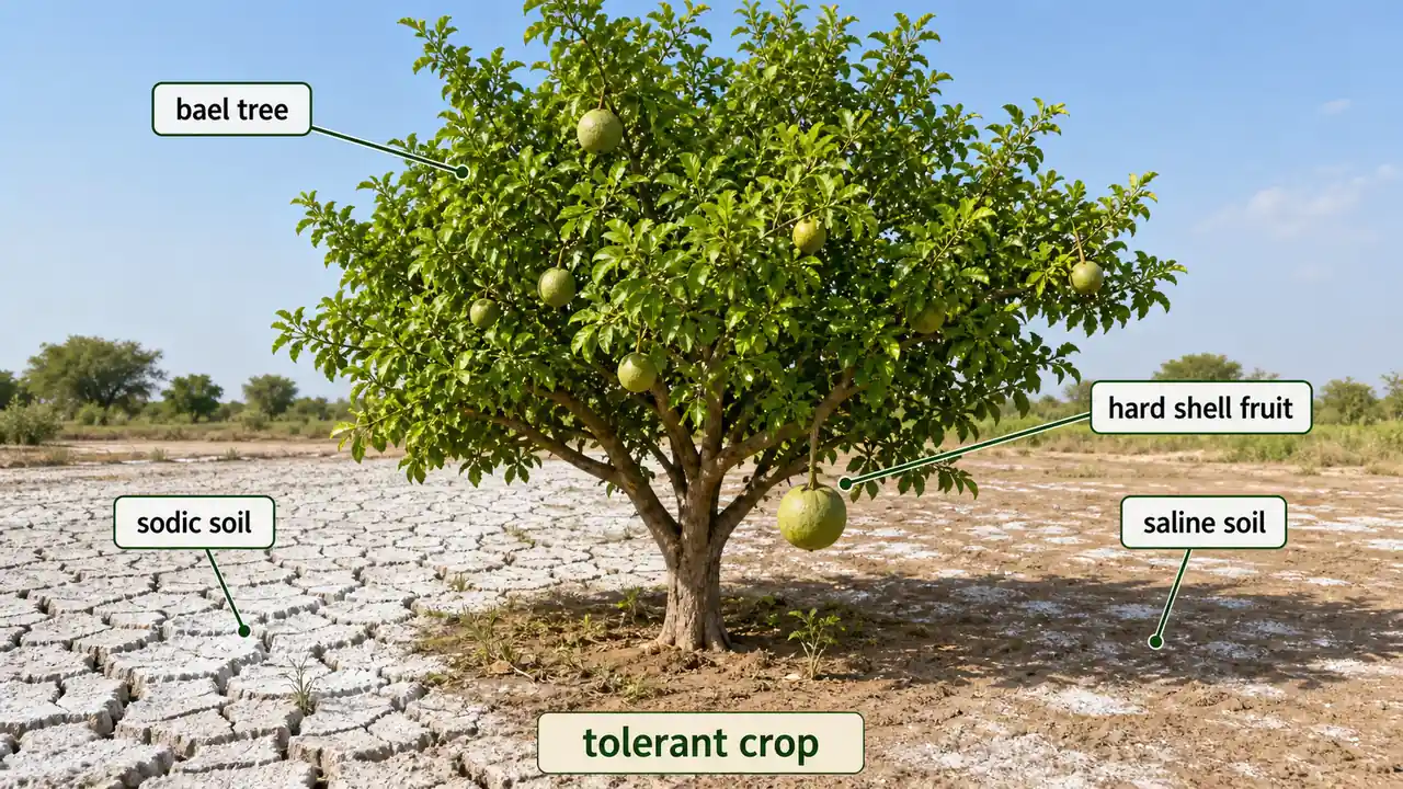 Bael tree growing well under sodic and saline soil conditions with hard-shelled fruits