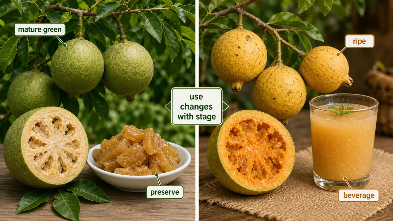 Comparison of mature green and ripe bael fruits showing preserve use and beverage use