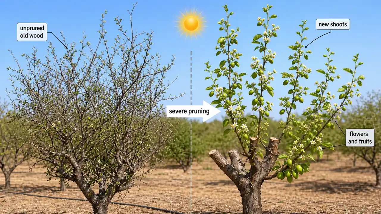 Ber pruning comparison showing unpruned old wood versus severe pruning that stimulates new shoots with flowers and fruits