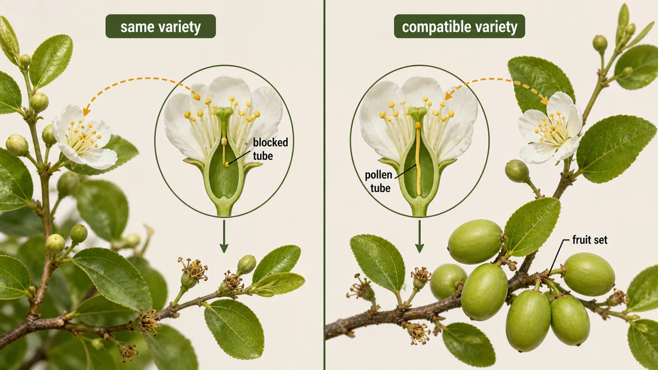 Ber self-incompatibility diagram showing blocked pollen tube in same-variety pollination and successful fruit set after compatible cross-pollination
