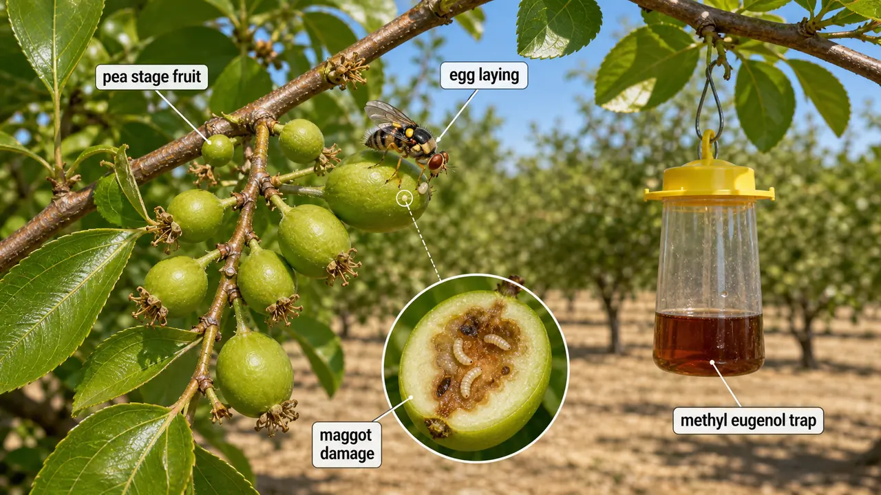 Ber fruit fly infestation at pea stage showing egg laying in young fruits, maggot damage inside fruit, and methyl eugenol trap management