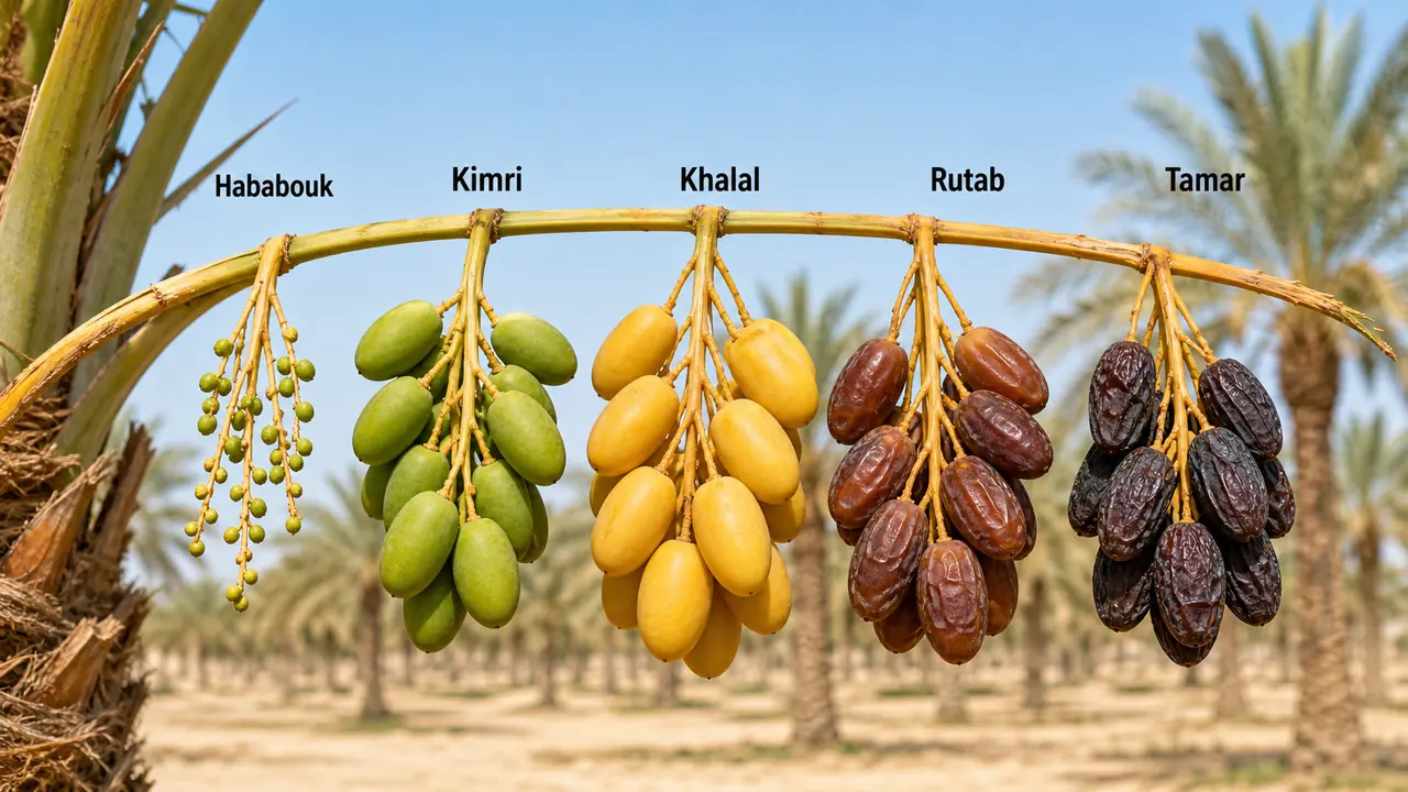 Developmental stages of date palm fruit from Hababouk and Kimri through Khalal, Rutab, and Tamar