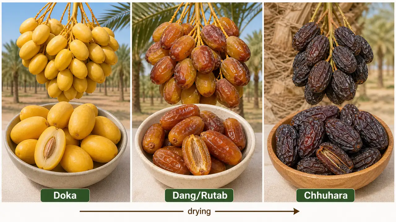 Date palm harvest comparison showing Doka stage fruits, Dang or Rutab fresh-eating stage, and dried chhuhara after dehydration