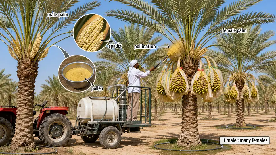 Date palm orchard pollination showing male and female palms, male spadix pollen, and trailer-mounted pollination of female inflorescences