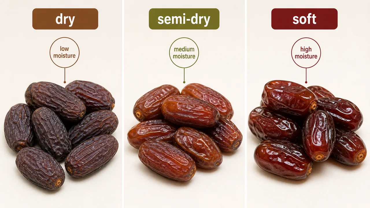 Date type groups comparison showing dry, semi-dry, and soft dates by visible moisture and texture