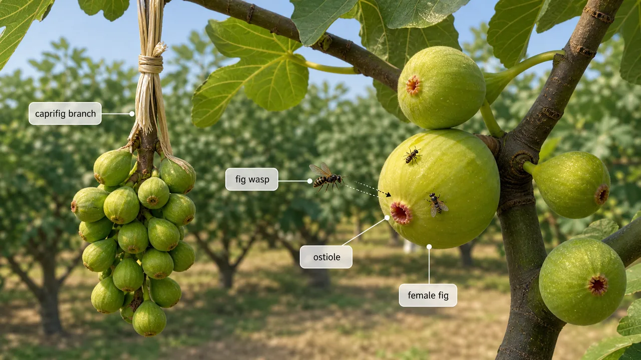 Fig caprification showing caprifig branch, fig wasp and ostiole entry into receptive female fig