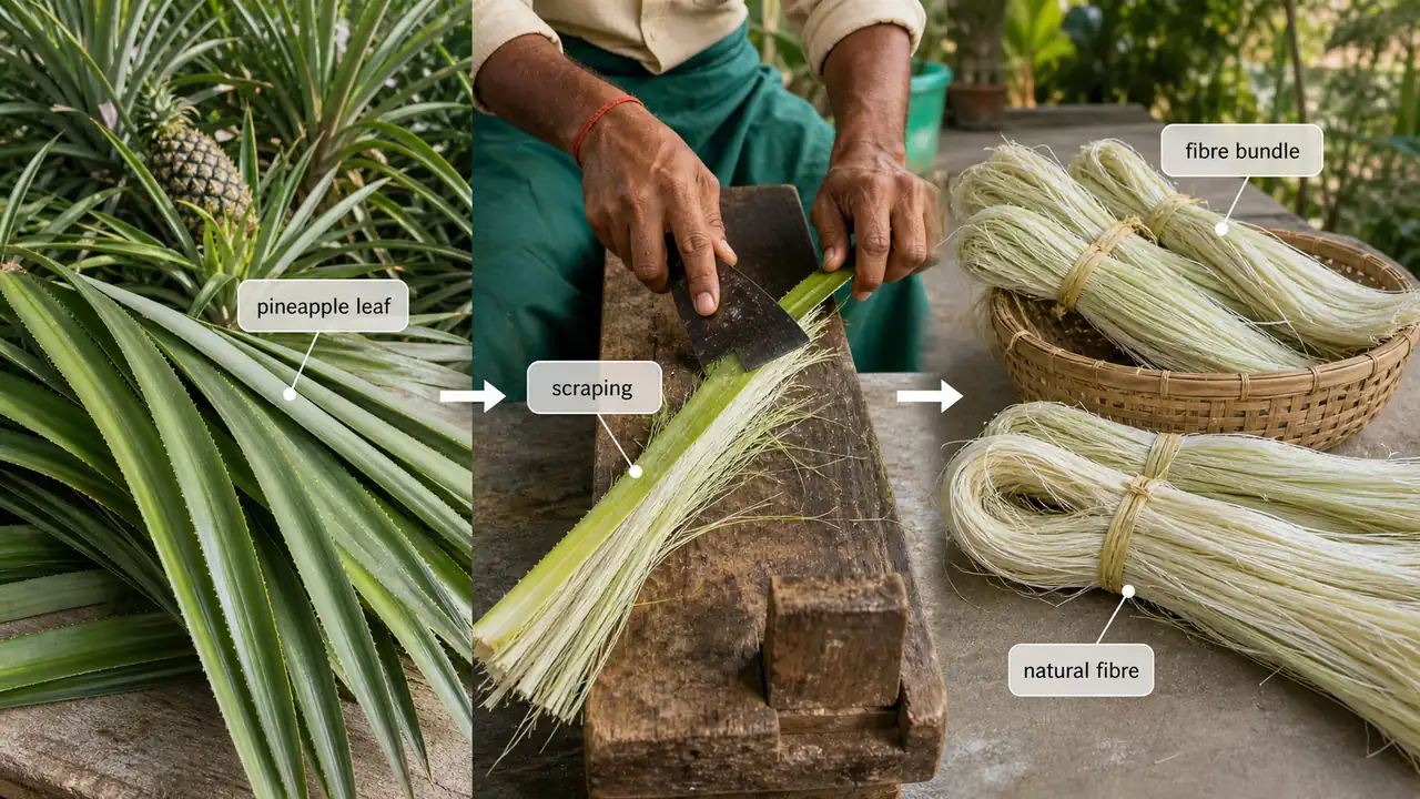 Pineapple leaf fibre extraction showing leaf scraping and collection of natural fibre bundles