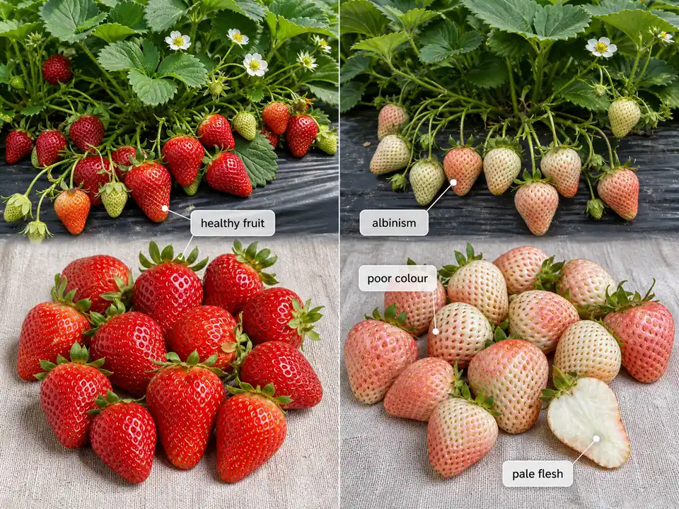 Strawberry albinism comparison showing healthy red fruit and pale poorly coloured affected fruit