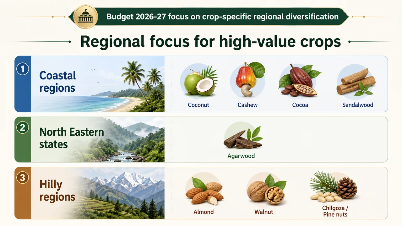 Regional focus graph showing coastal, North Eastern, and hilly high-value crops in India’s 2026-27 diversification strategy