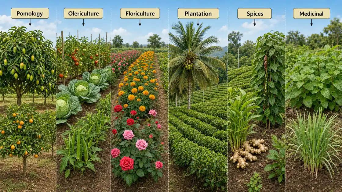 Important branches of horticulture explained with crop examples from pomology, olericulture, floriculture, plantation, spices, and medicinal crops