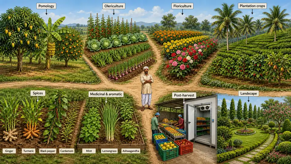 Horticulture branches overview showing pomology, olericulture, floriculture, plantation crops, spices, medicinal plants, post-harvest, and landscape horticulture