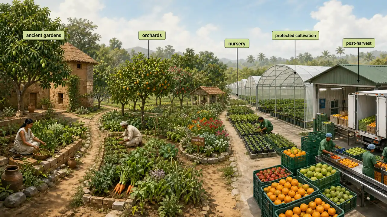 Development of horticulture from ancient gardens to orchards, nurseries, protected cultivation, and post-harvest systems