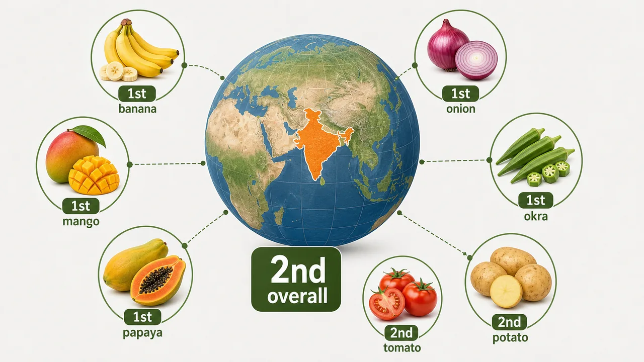 India global horticulture position showing second overall and first rank crops like banana mango papaya onion and okra