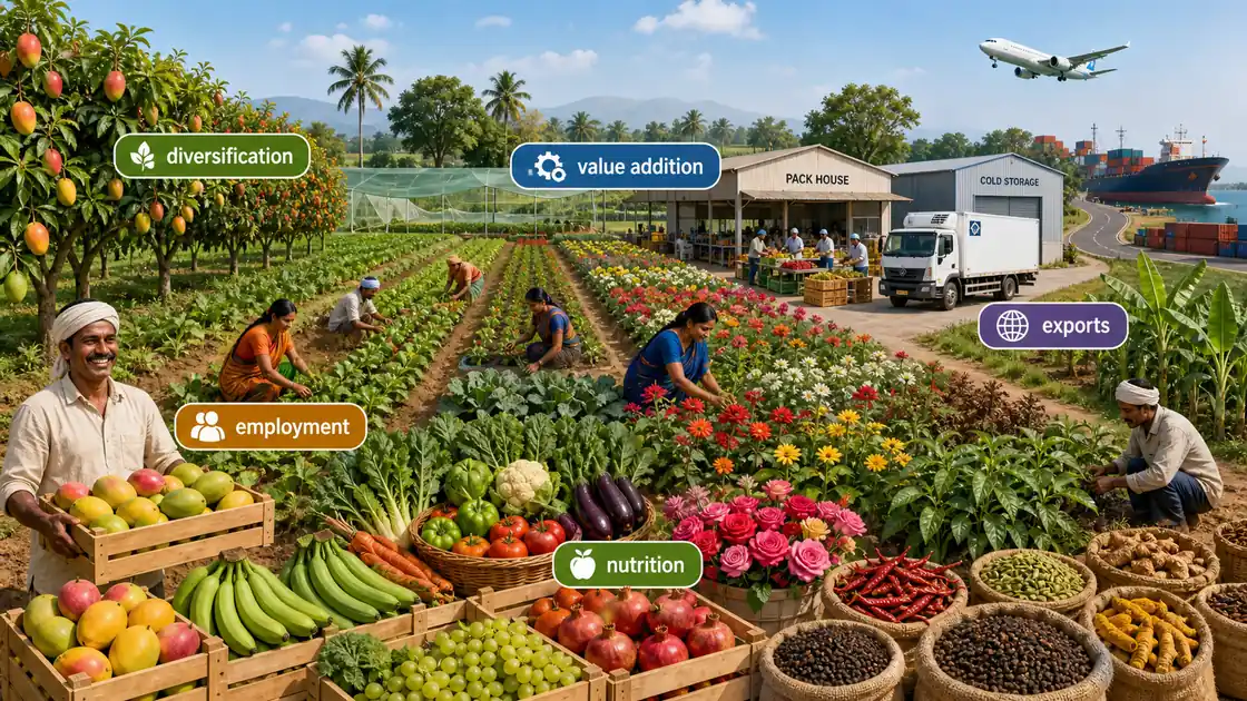 India horticulture landscape showing fruit, vegetable, flower, and spice production linked to packing, cold chain, and export flow