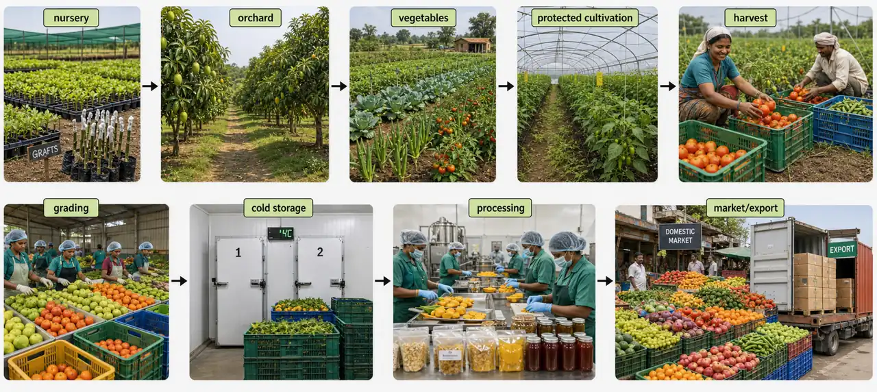 Scope of horticulture from nursery and orchard production to harvest, grading, cold storage, processing, and market export