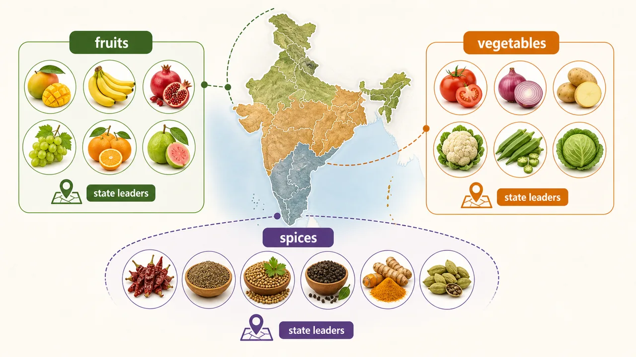 State leader patterns across fruits vegetables and spices in Indian horticulture