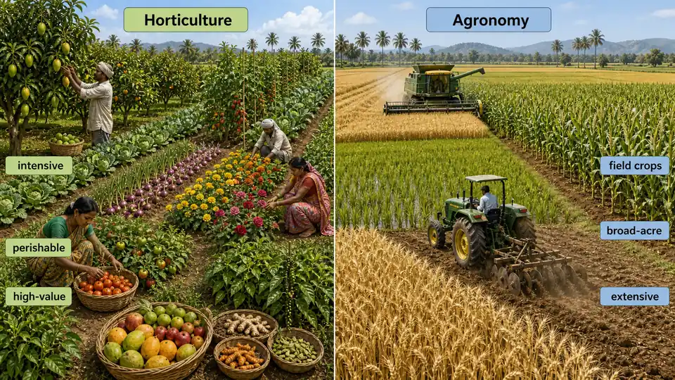 Horticulture versus agronomy comparison showing intensive perishable high-value crops against broad-acre field crop farming