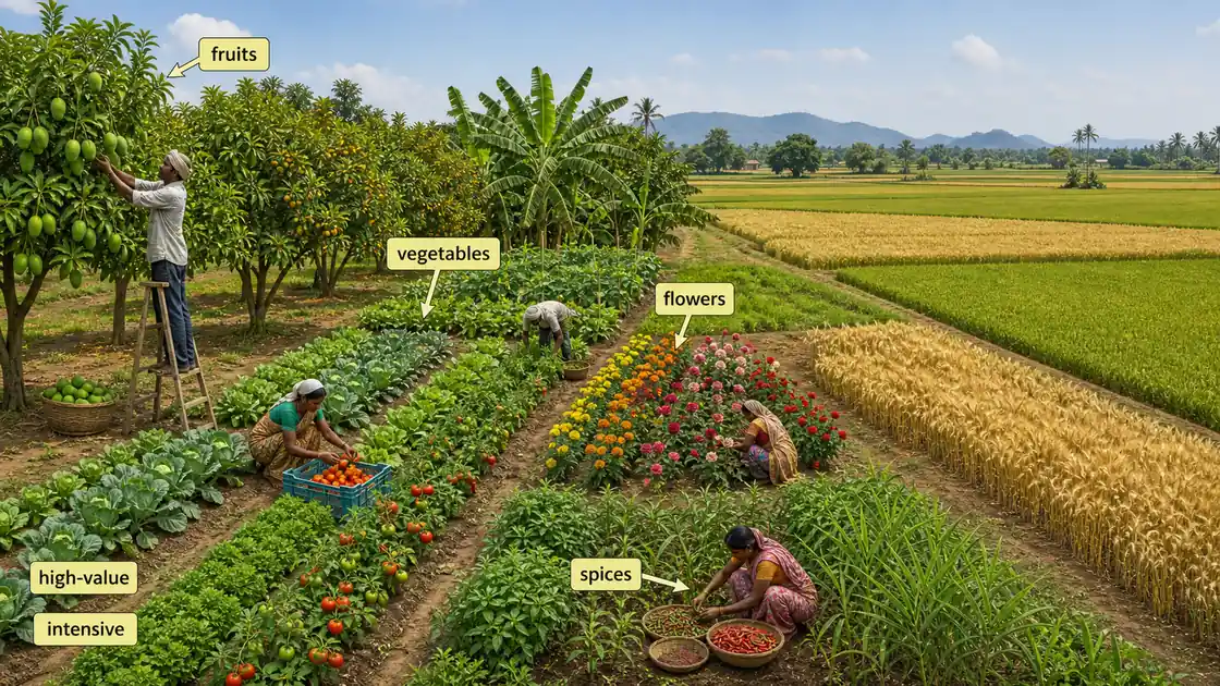 Horticulture overview showing fruits, vegetables, flowers, and spices in intensive cultivation compared with broad field agriculture