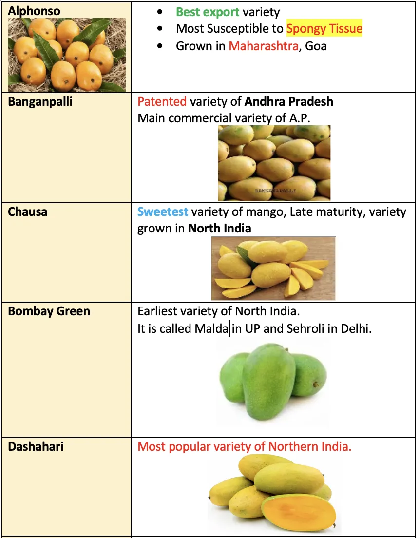 Comparison board of important mango varieties such as Alphonso, Banganapalli, Chausa, Bombay Green, and Dashehari with quick exam notes