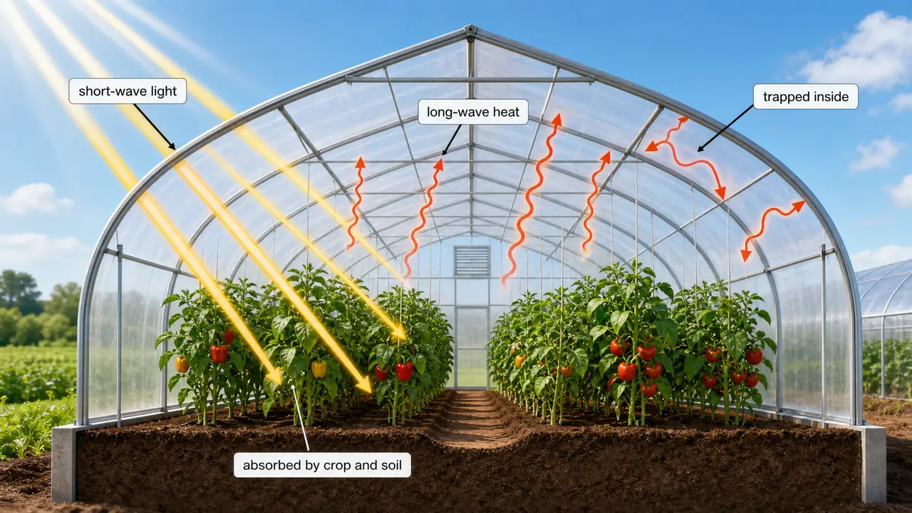 Greenhouse effect in protected cultivation showing short-wave light entering a greenhouse and long-wave heat trapped inside