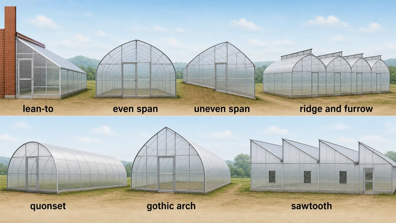Shape-based greenhouse comparison showing lean-to, even span, uneven span, ridge and furrow, quonset, gothic arch, and sawtooth structures