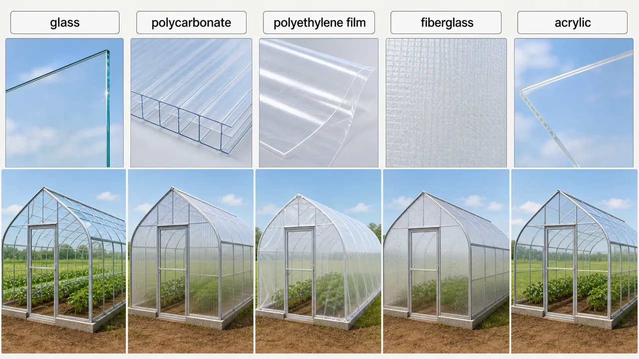 Protected cultivation covering materials comparison showing glass, polycarbonate, polyethylene film, fiberglass, and acrylic panels